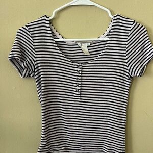 Forever 21 Striped Button Front Ribbed Knit Top Fitted Tee